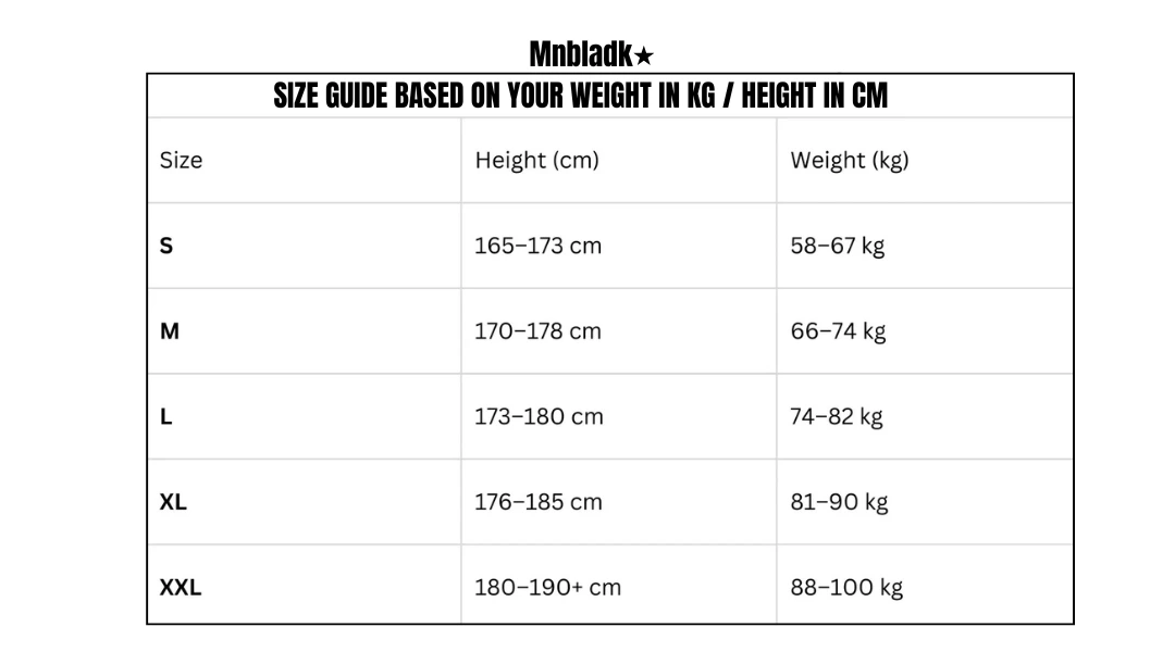 MNBLADK SIZE GUIDE BASED ON YOUR WEIGHT IN KG HEIGHT IN CM